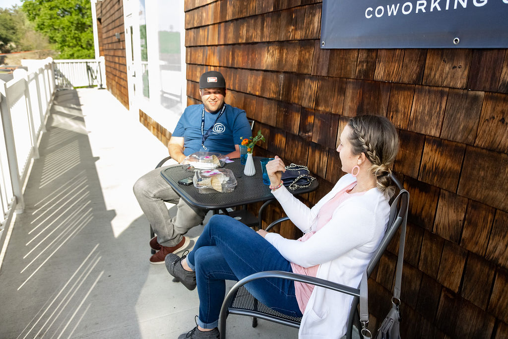 Outdoor patio and building signage at Granite City Workspaces, Folsom CA